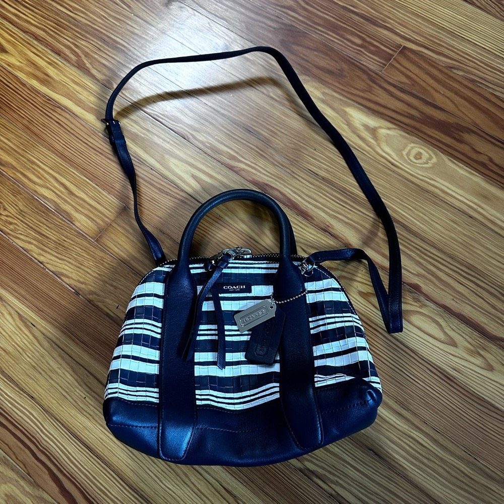 Coach Navy and White Striped Crossbody Bag